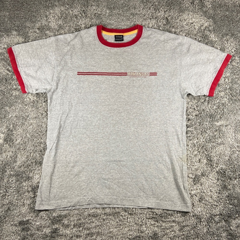 Vintage Gear For Sports Arkansas Outdoor Outfitters Ringer Shirt Mens L Grey Red